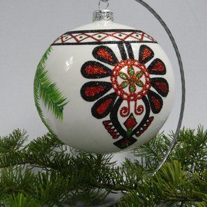 "POLISH GALLERY" Polish Folk Art Christmas Ornament Hand Made Glass Ball 5 In